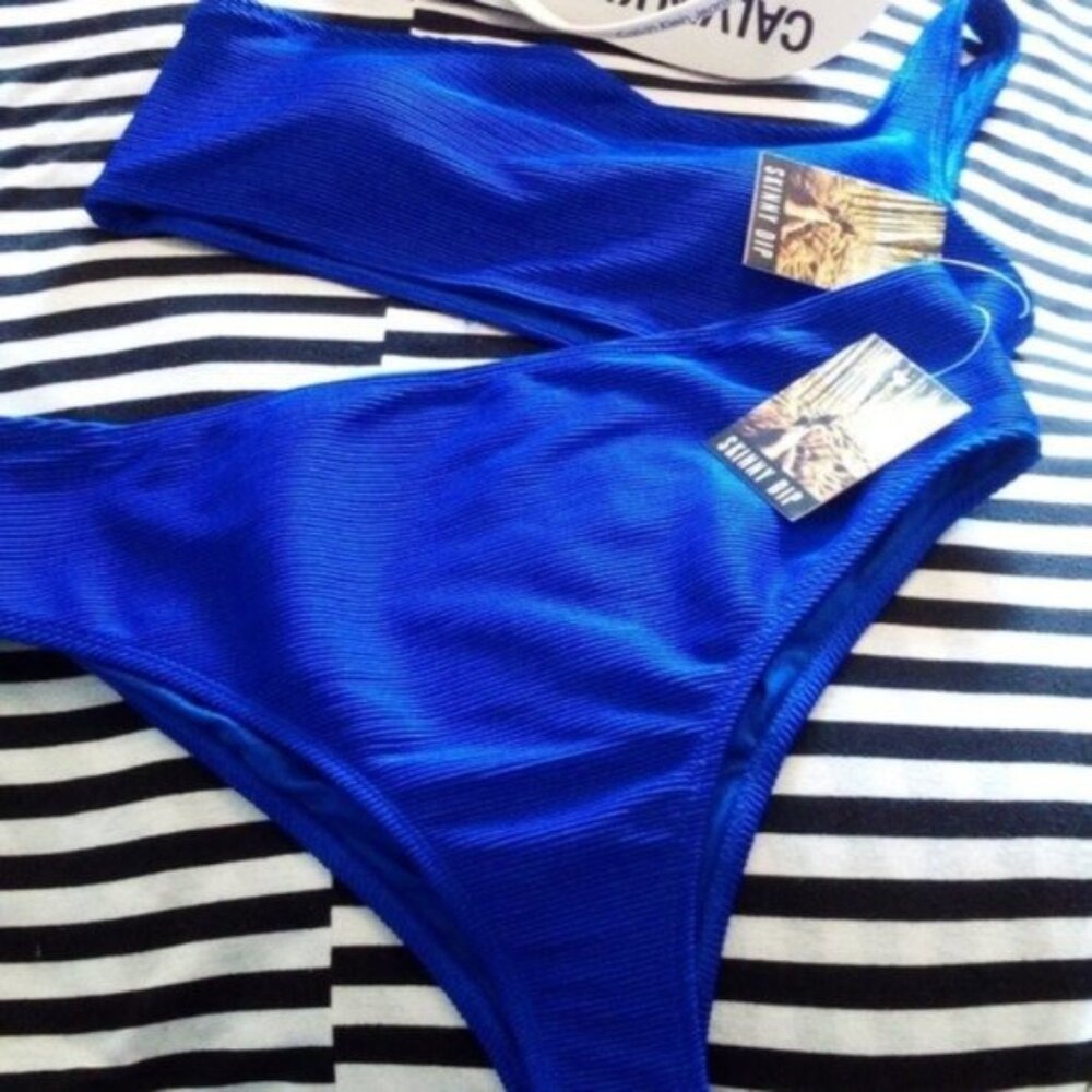 Skinny Dip Blue One Shoulder Bikini Top High Waist Bottom Gold Tone Accent US XL
